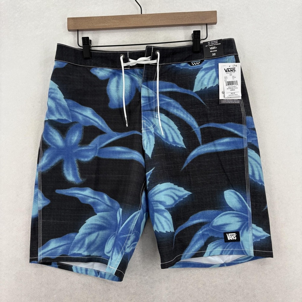 Vans Air Brush Flora Board Shorts Mens 32 Black Blue Floral Surf Swim Stretch
